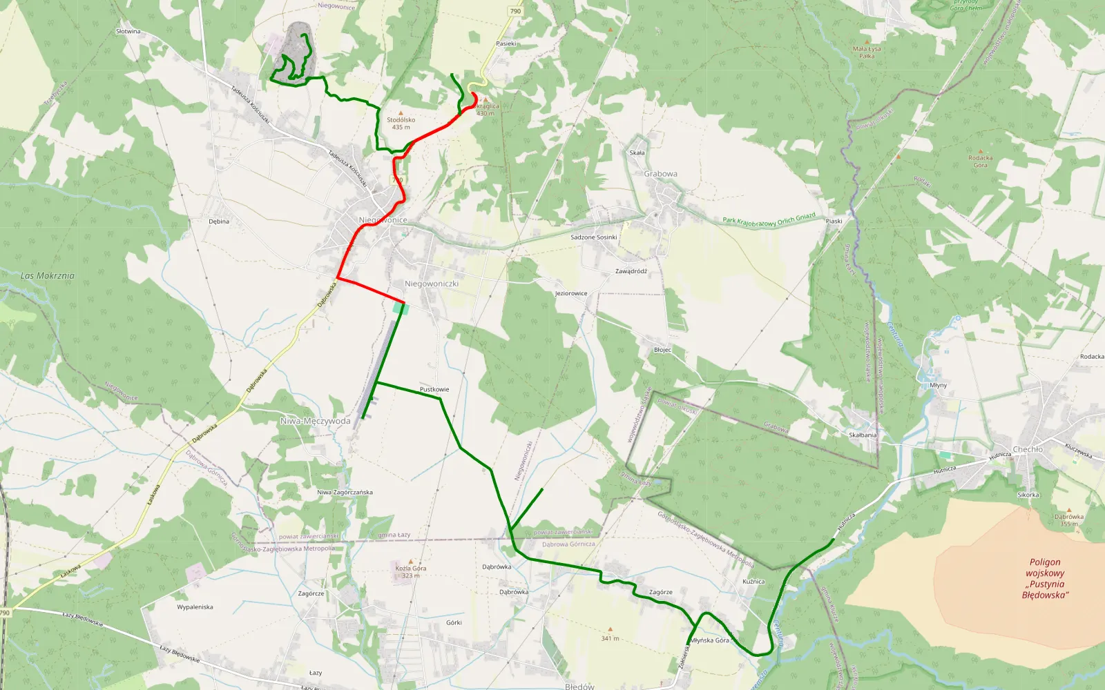 Mapa trasy Młynek - Skałbania - 13.8 km trasy offroad, Powiat Zawierciański