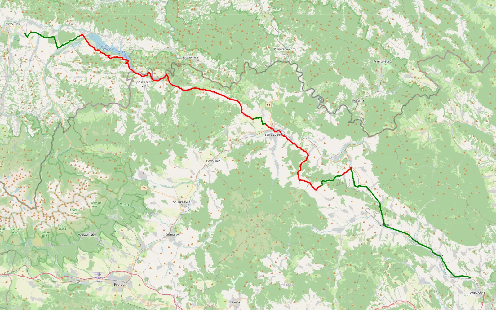 Mapa trasy Waksmund - Stráňanské sedlo - Gregorovce - 84 km trasy offroad, okres Stará Ľubovňa