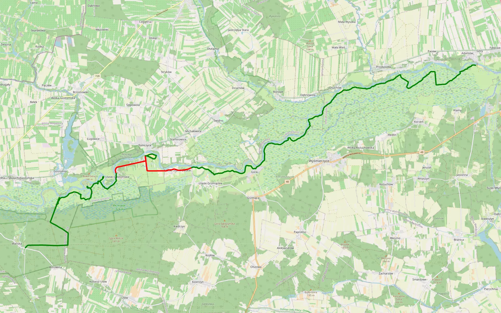 Mapa trasy Góry - Waliska - 35 km trasy offroad, Powiat Białobrzeski