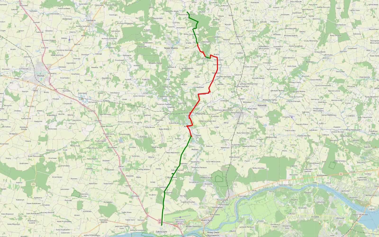 Mapa trasy Jurzyn - Zakroczym - 26 km trasy offroad, Powiat Płoński