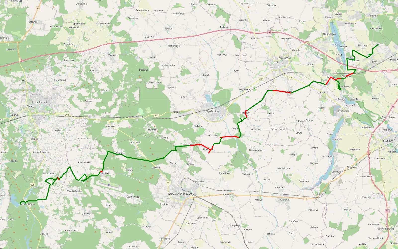 Map of Dopiewo - Kuźnica Zbąska - 67 km offroad trail, Grodzisk Wielkopolski County