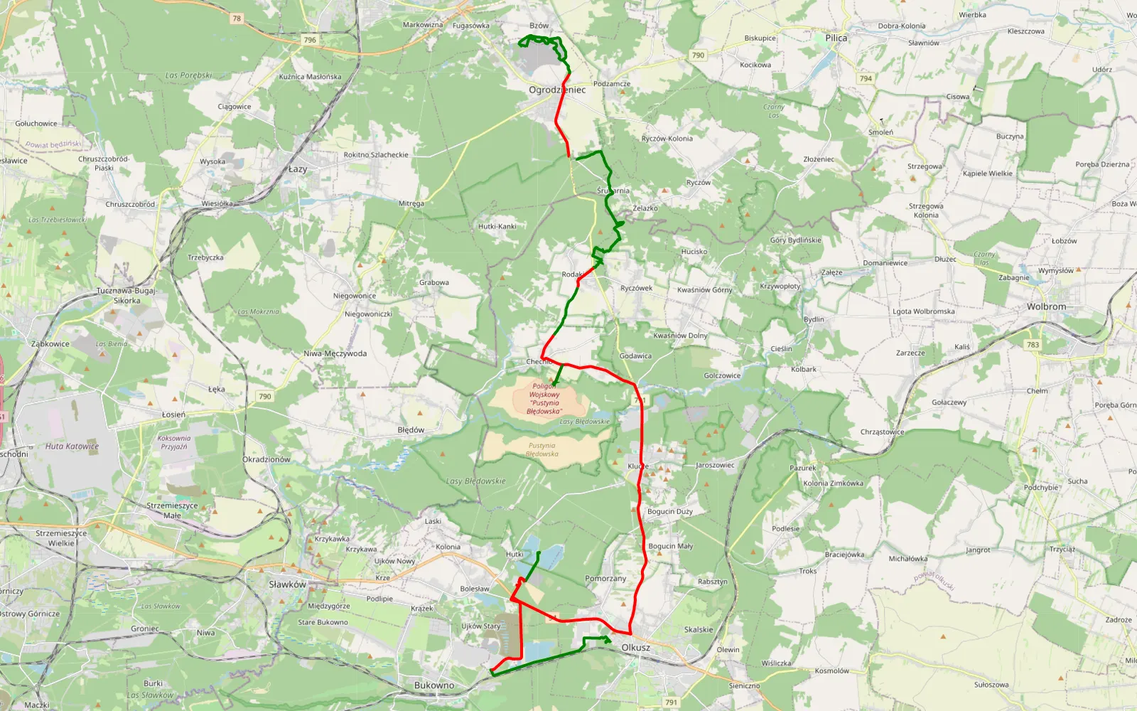 Map of Czarna Góra - Ogrodzieniec — 48 km offroad trail, Olkusz County