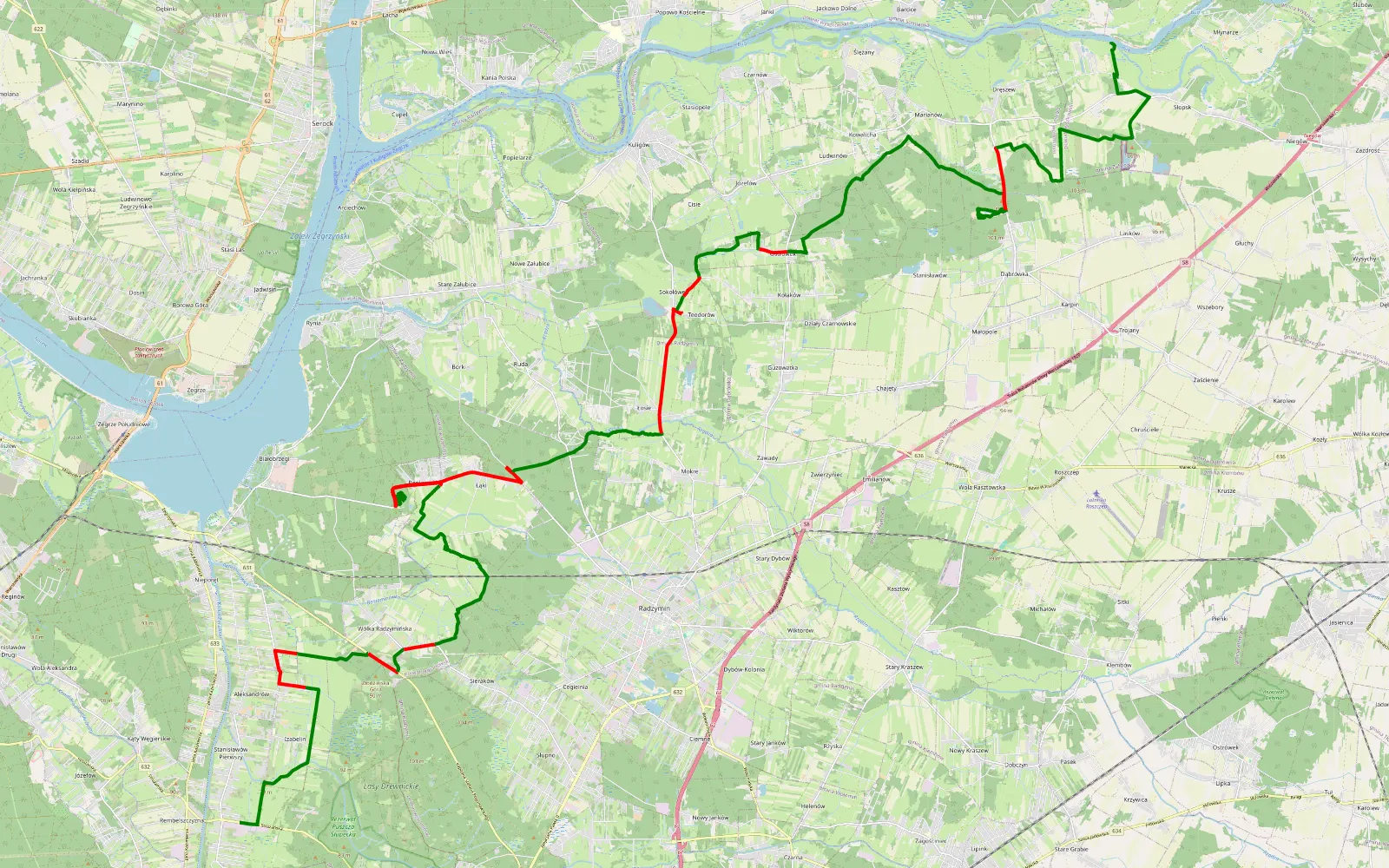 Mapa trasy Stanisławów Pierwszy - Beniaminów - 49.9 km trasy offroad, Powiat Wołomiński