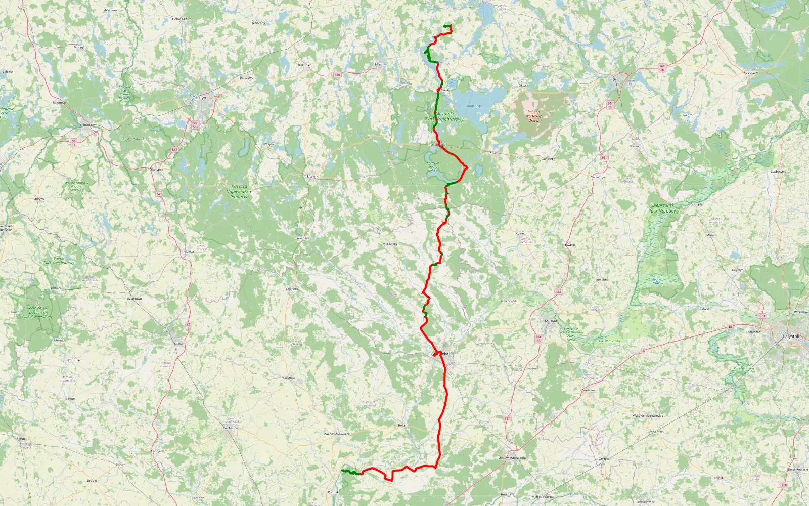 Mapa trasy Koniec trasy z pięknym miejscem do spania - 216.9 km trasy offroad, Powiat Ostrołęcki