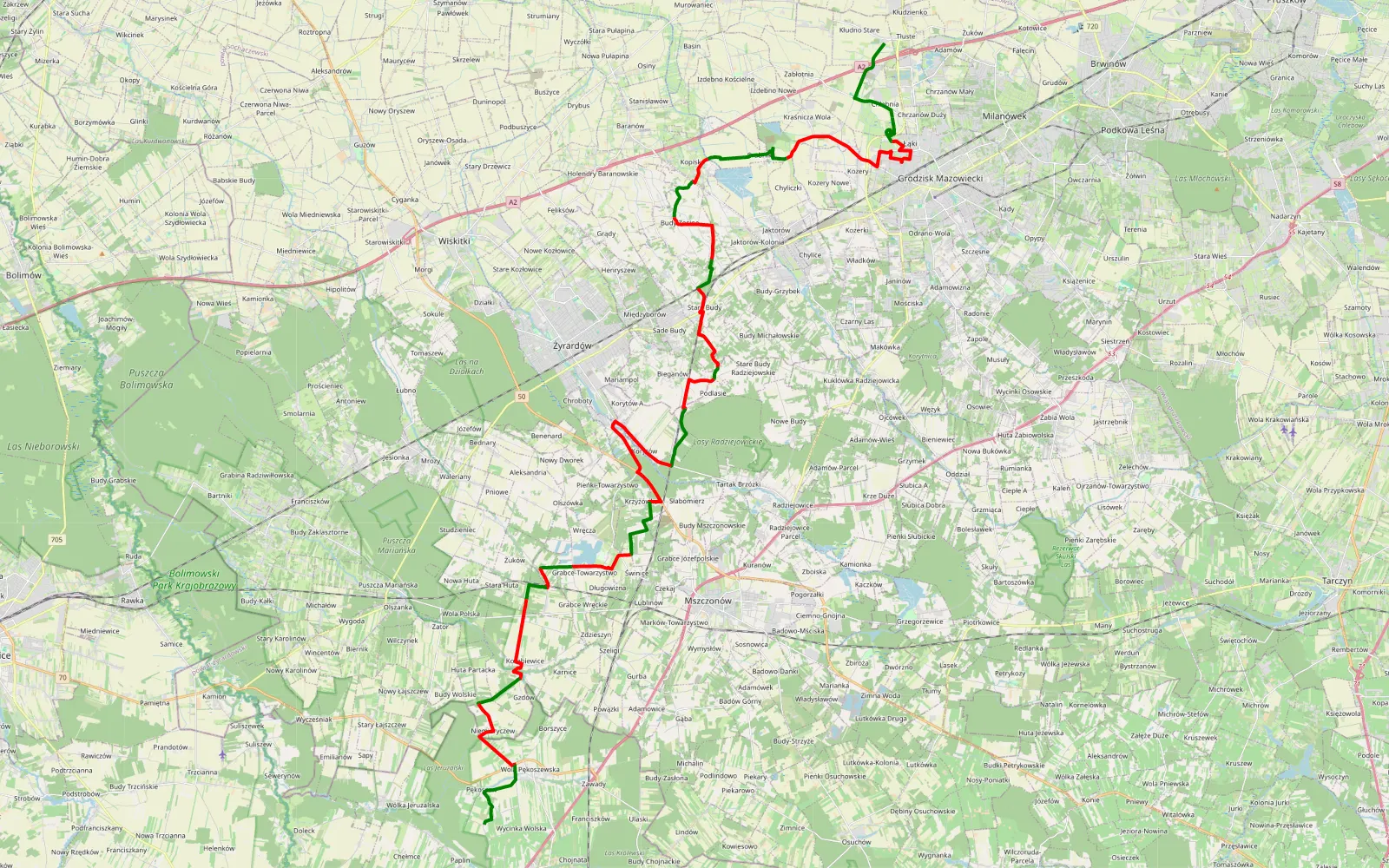 Map of Stare Kłudno - Pękoszew - 53.4 km offroad trail, Grodzisk Mazowiecki County