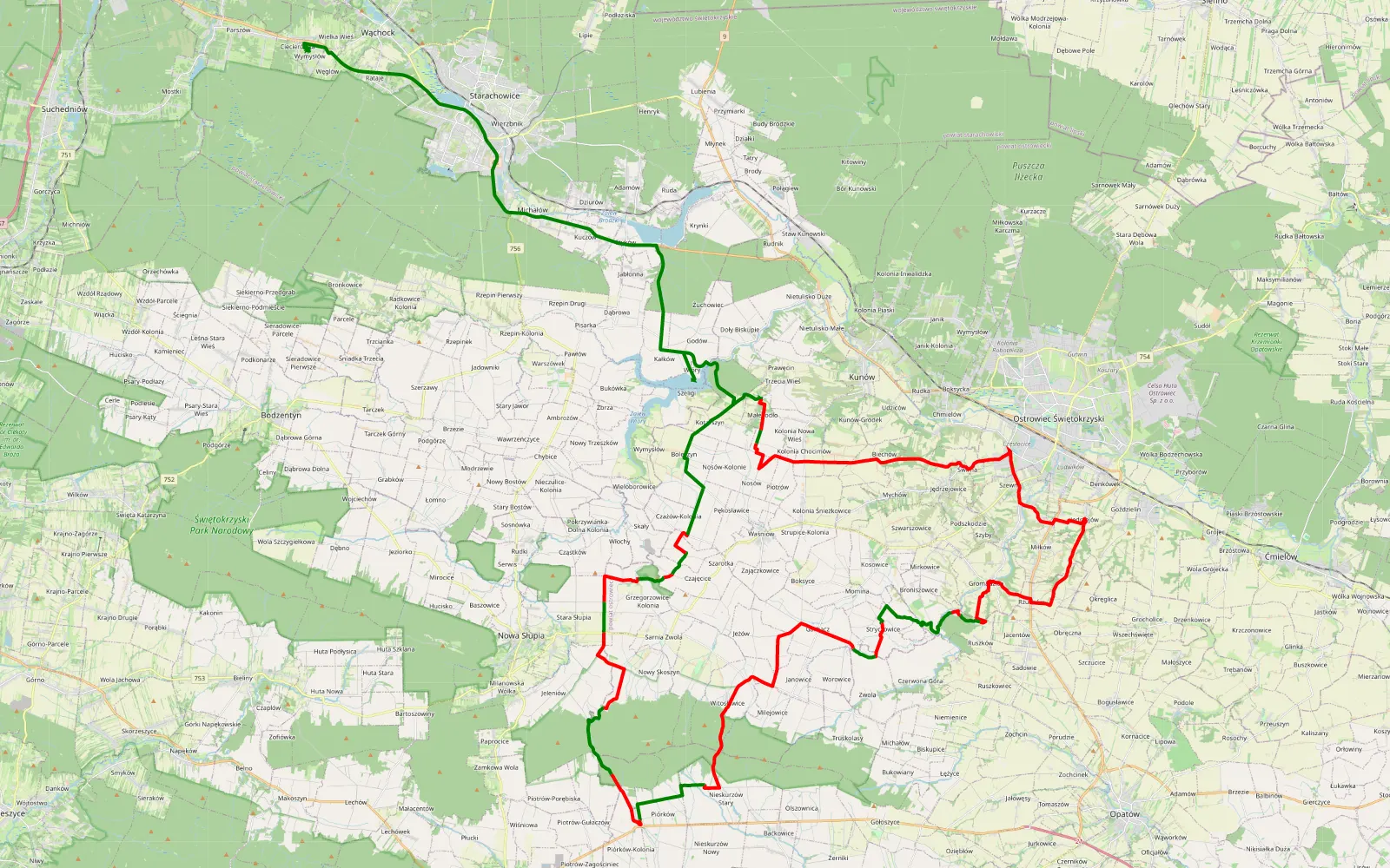 Map of Wióry - Ostrowiec Świętokrzyski - Wielka Wieś - 72.7 km offroad trail, Ostrowiec County