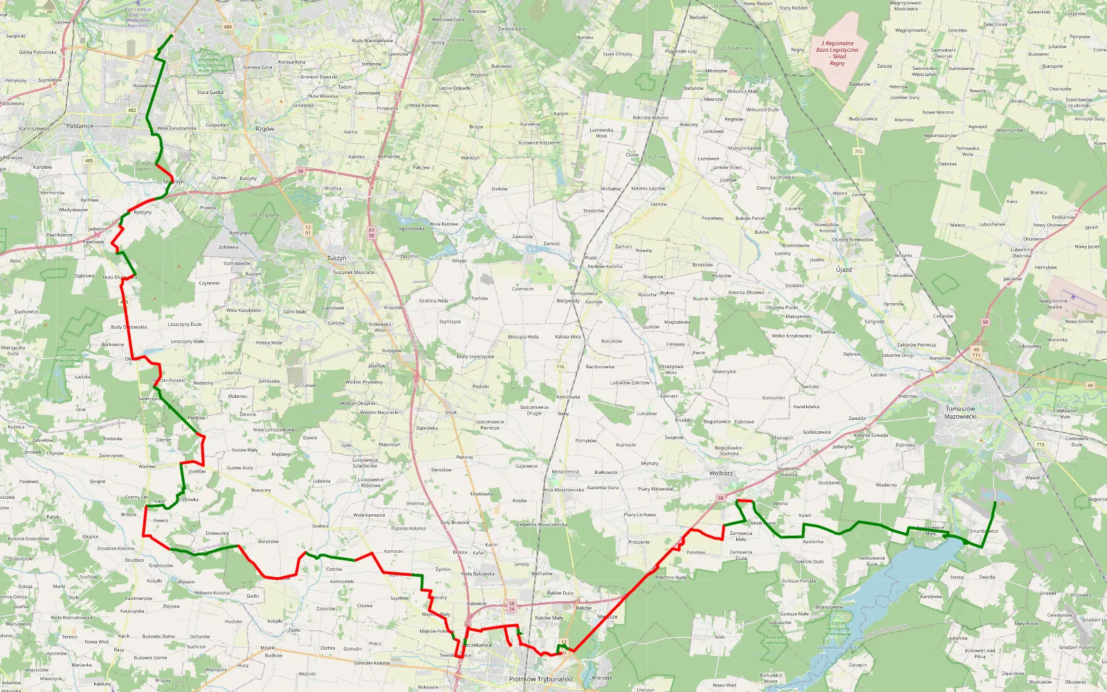 Mapa trasy Chocianowice - Smardzewice - 84.2 km trasy offroad, Powiat Piotrkowski