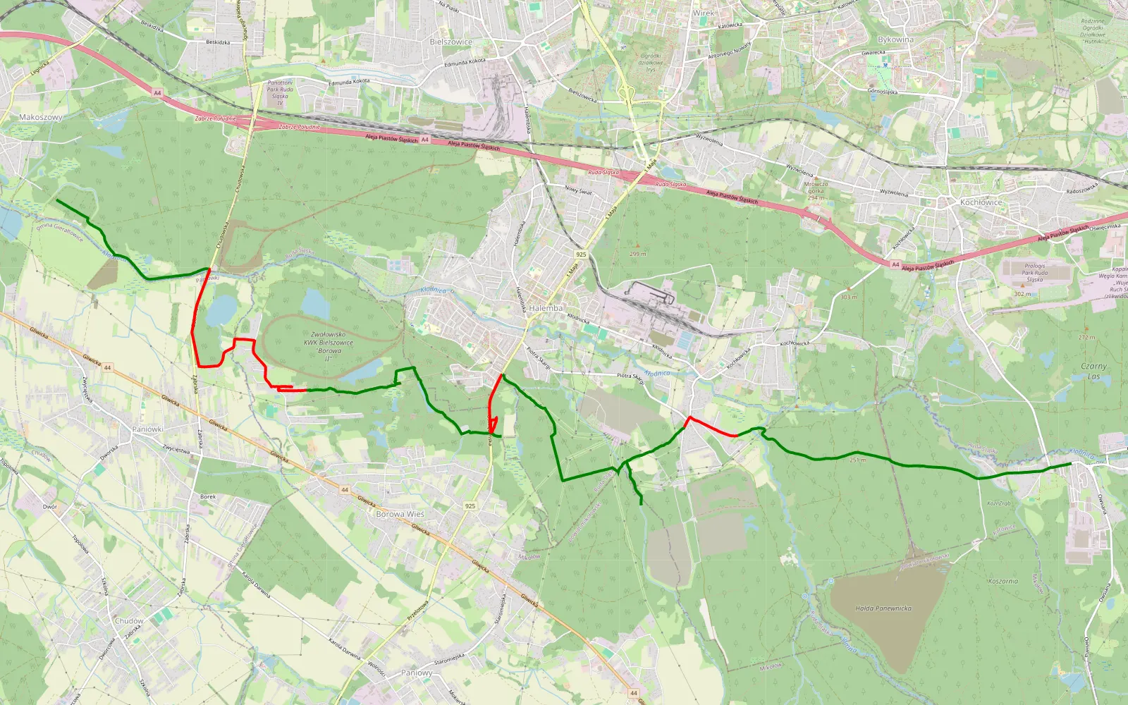 Mapa trasy Przyszowice - Panewnik - 16.8 km trasy offroad, Ruda Śląska