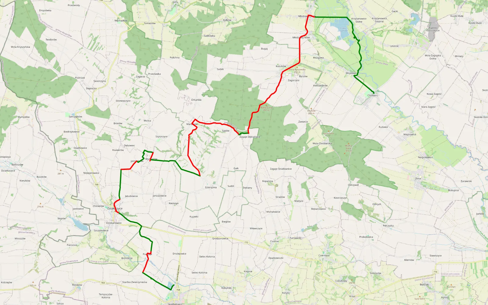 Mapa trasy Skalbmierz chroberz - 38.4 km trasy offroad, Powiat Pińczowski