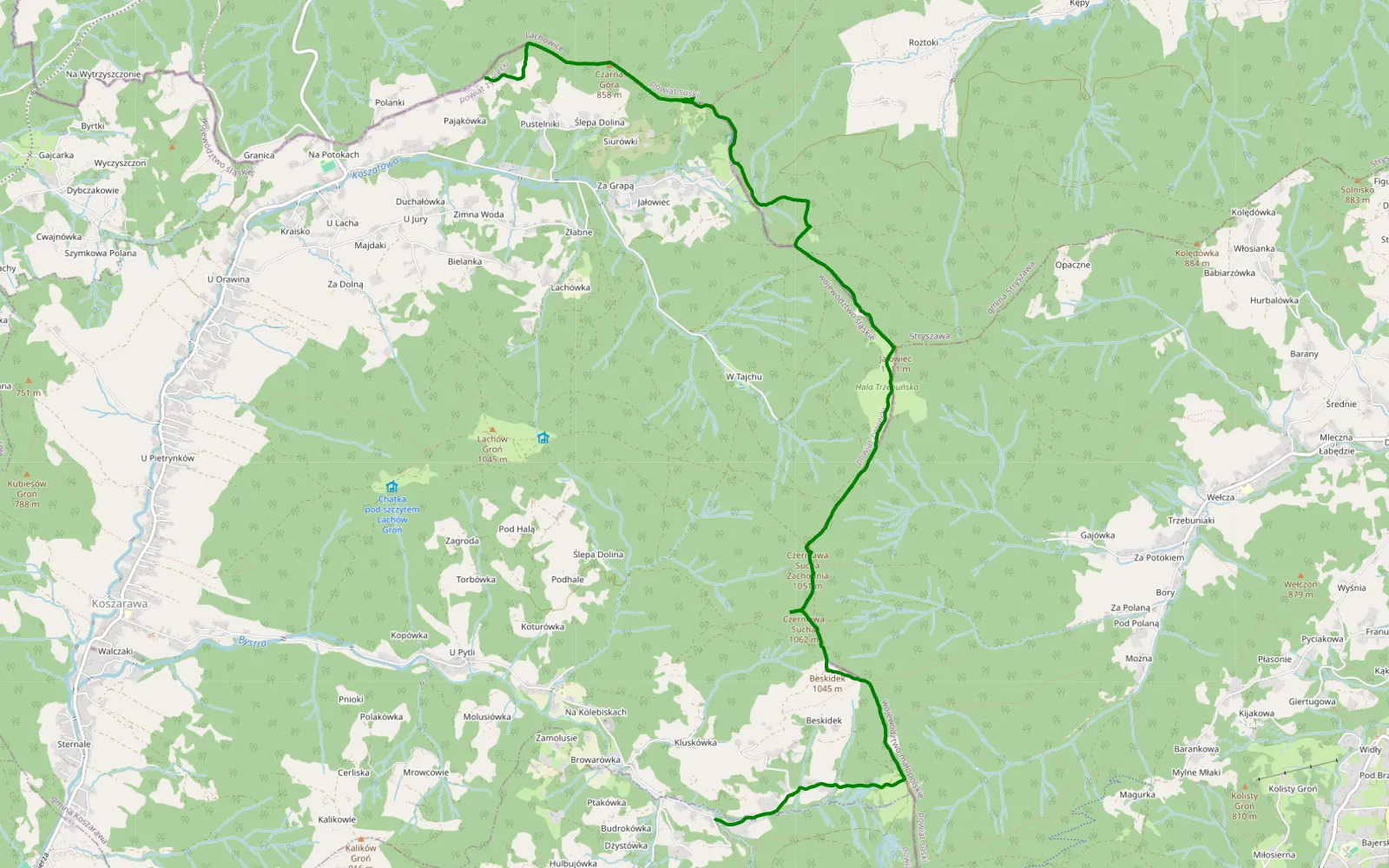 Map of Bystrej - Cichej za dziadkami - 8.9 km offroad trail, Sucha County