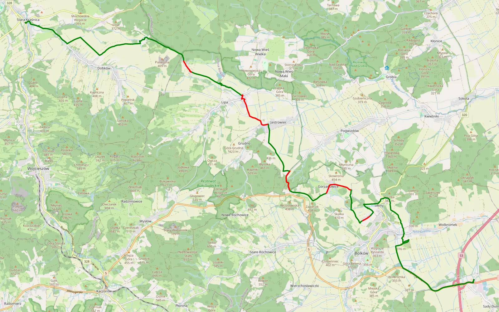Map of Sady Dolne - Stara Kraśnica - 23.3 km offroad trail, Jawor County