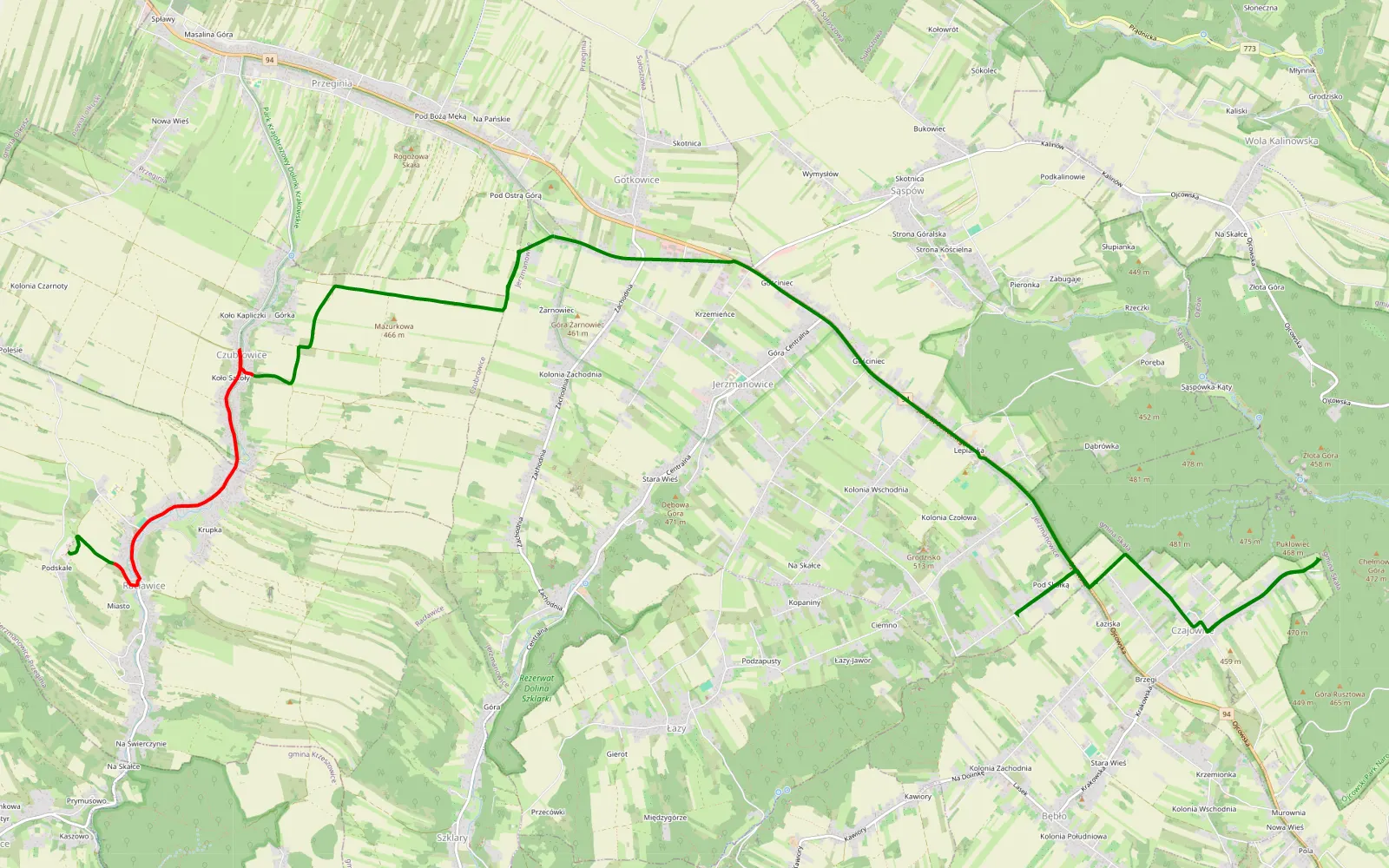 Mapa trasy PR Jura sekcja 2 Racławice Ojców - 9.5 km trasy offroad, Powiat Krakowski