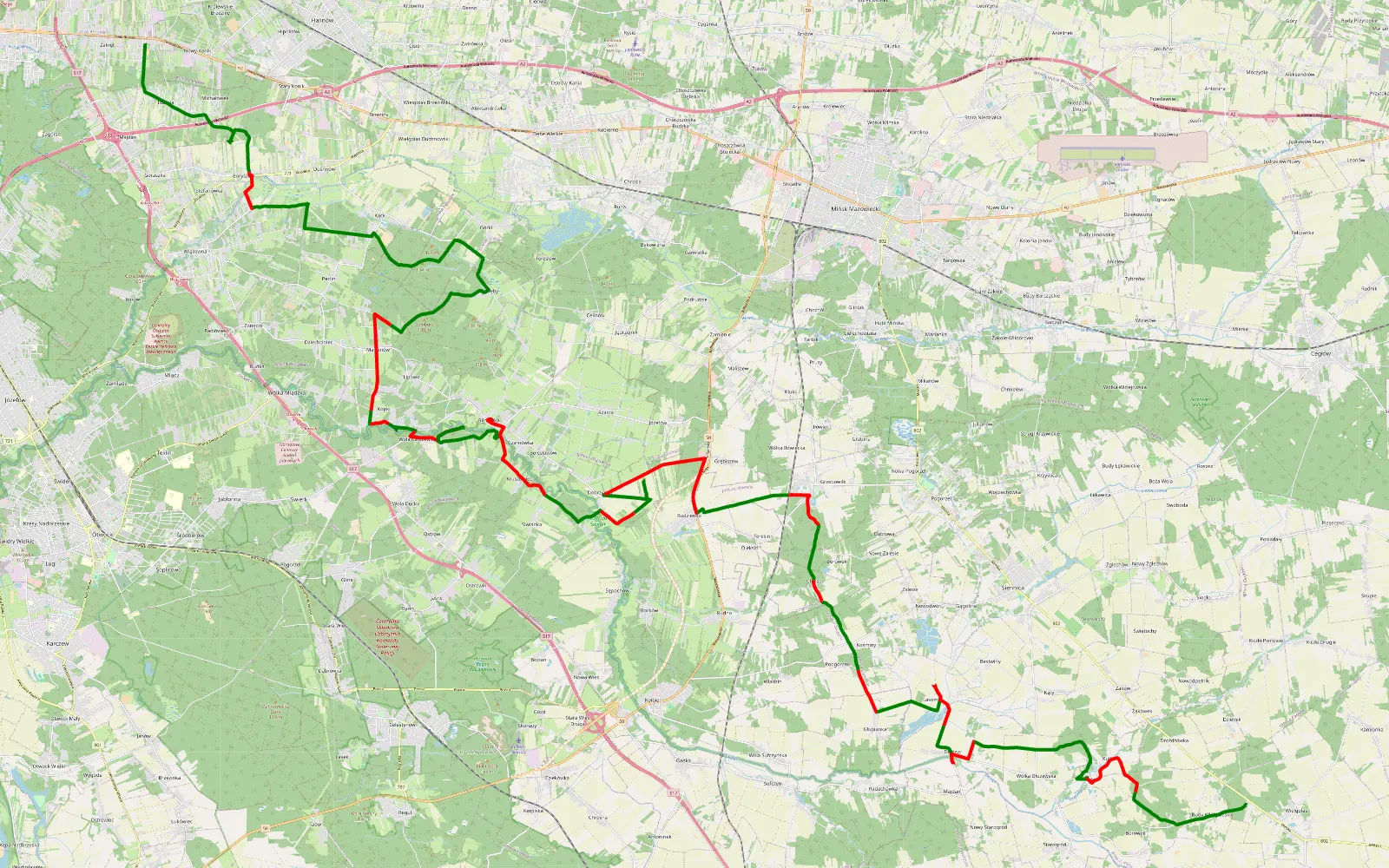 Mapa trasy Zakręt- Wielgolas - 62.9 km trasy offroad, Powiat Otwocki