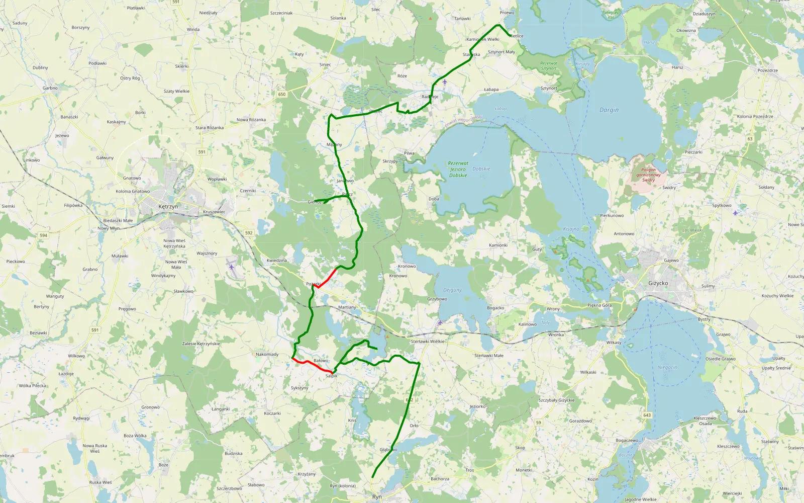 Map of Trasa 3 Pniewo - Ryn - 24.1 km offroad trail, Kętrzyn County