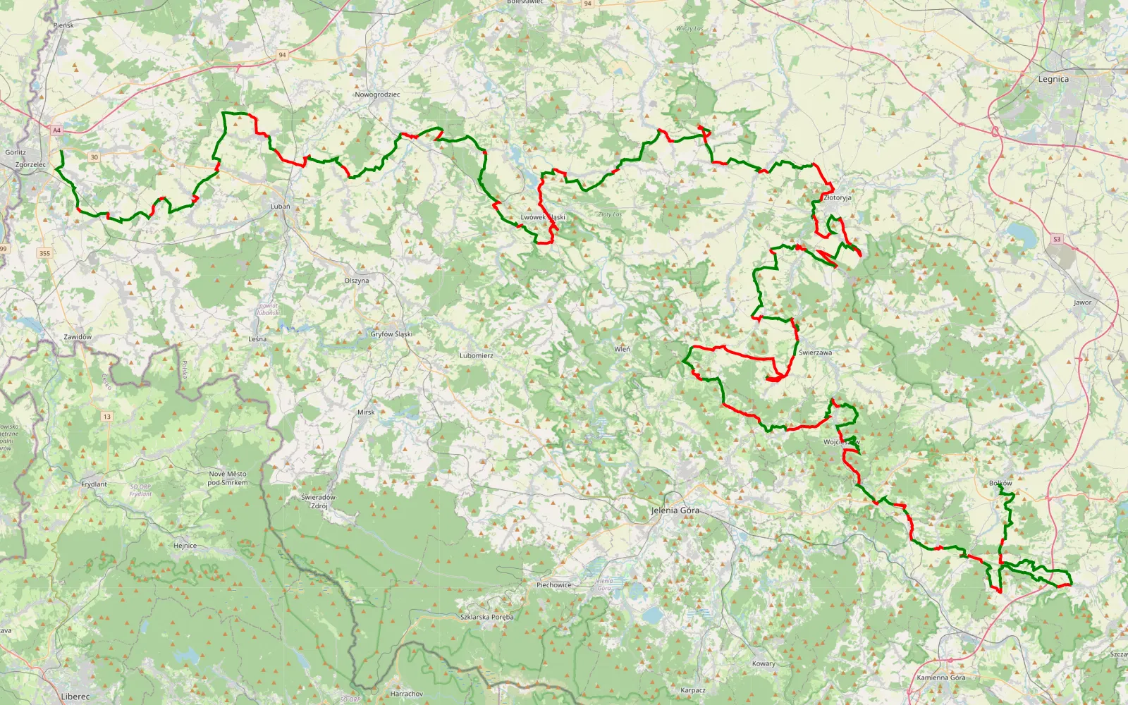 Map of Zgorzelec - Bolków - 249.2 km offroad trail, Złotoryja County