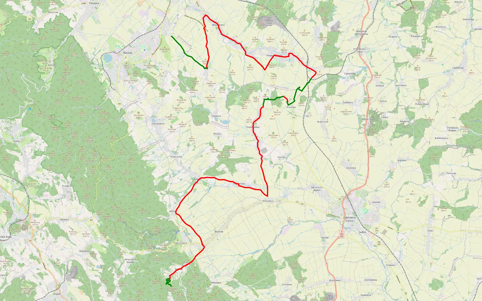 Map of Bielawa - Zdanów - 43.8 km offroad trail, Ząbkowice Śląskie County