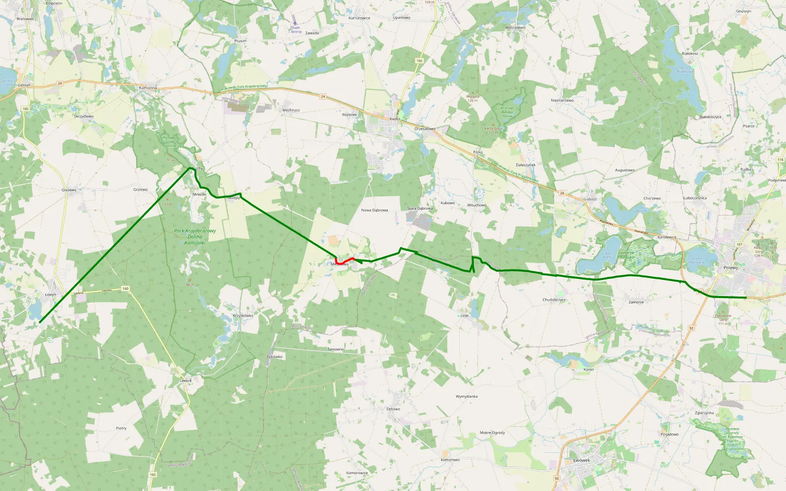 Map of Łowyń - Pniewy - 18.9 km offroad trail, Międzychód County