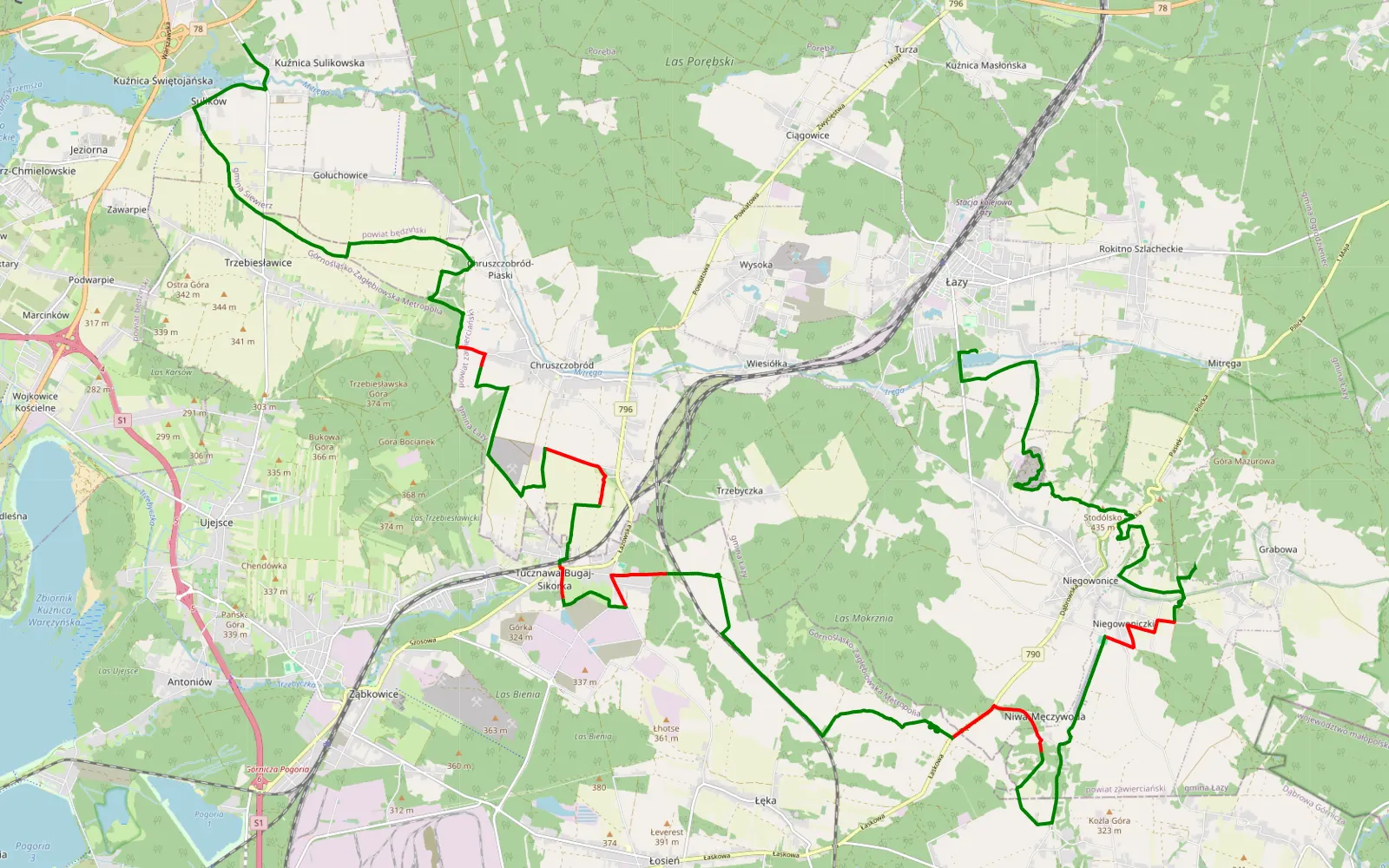 Mapa trasy Kuźnica Świętojańska - Młynek - 41 km trasy offroad, Powiat Zawierciański