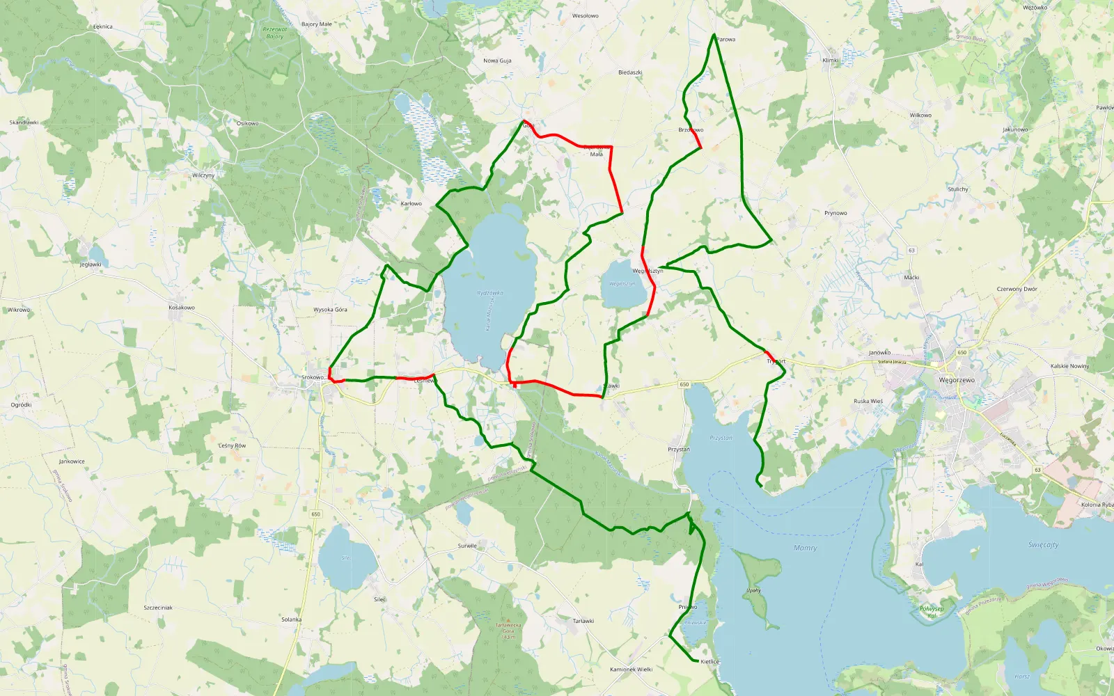 Map of Trasa 2 Przystań - Pniewo - 56.2 km offroad trail, Węgorzewo County