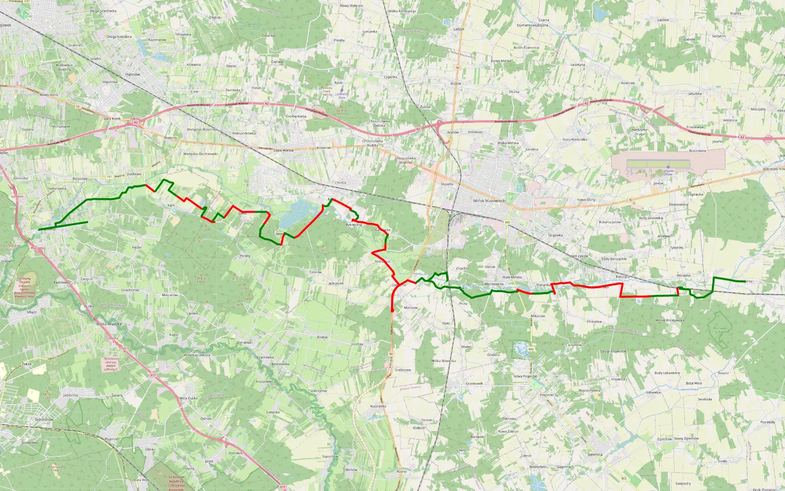 Mapa trasy Pęclin - Mienia - 42.3 km trasy offroad, Powiat Miński