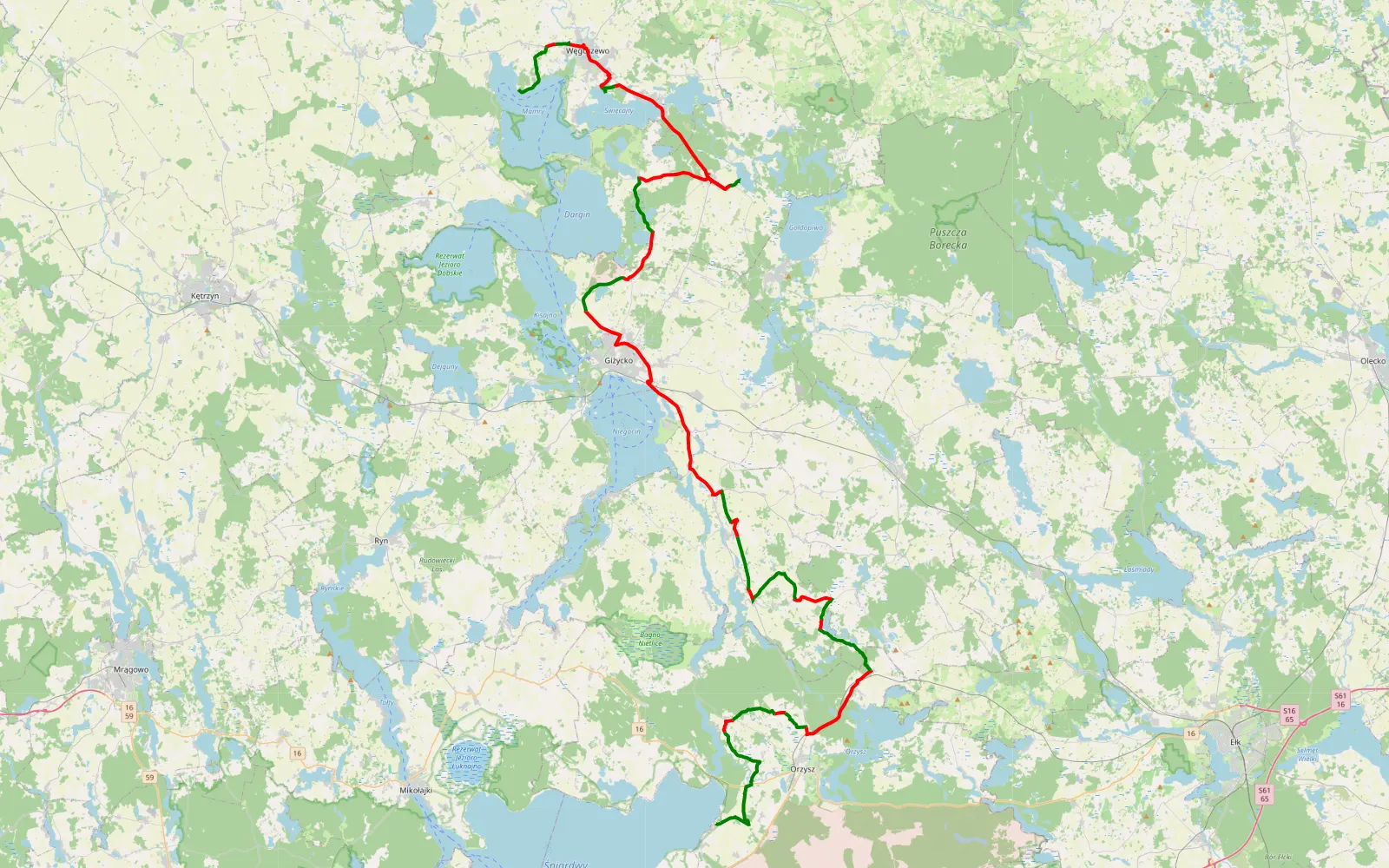 Mapa trasy Trasa 1 Nowe Guty - Zwierzyniecki Róg - 103.3 km trasy offroad, Powiat Giżycki