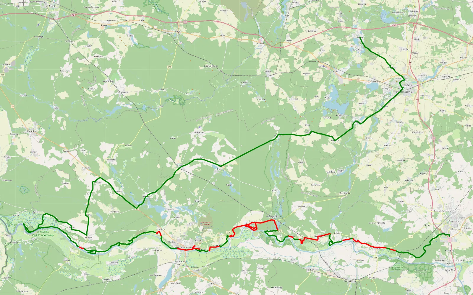 Mapa trasy Odra - 96.1 km trasy offroad, Powiat Krośnieński