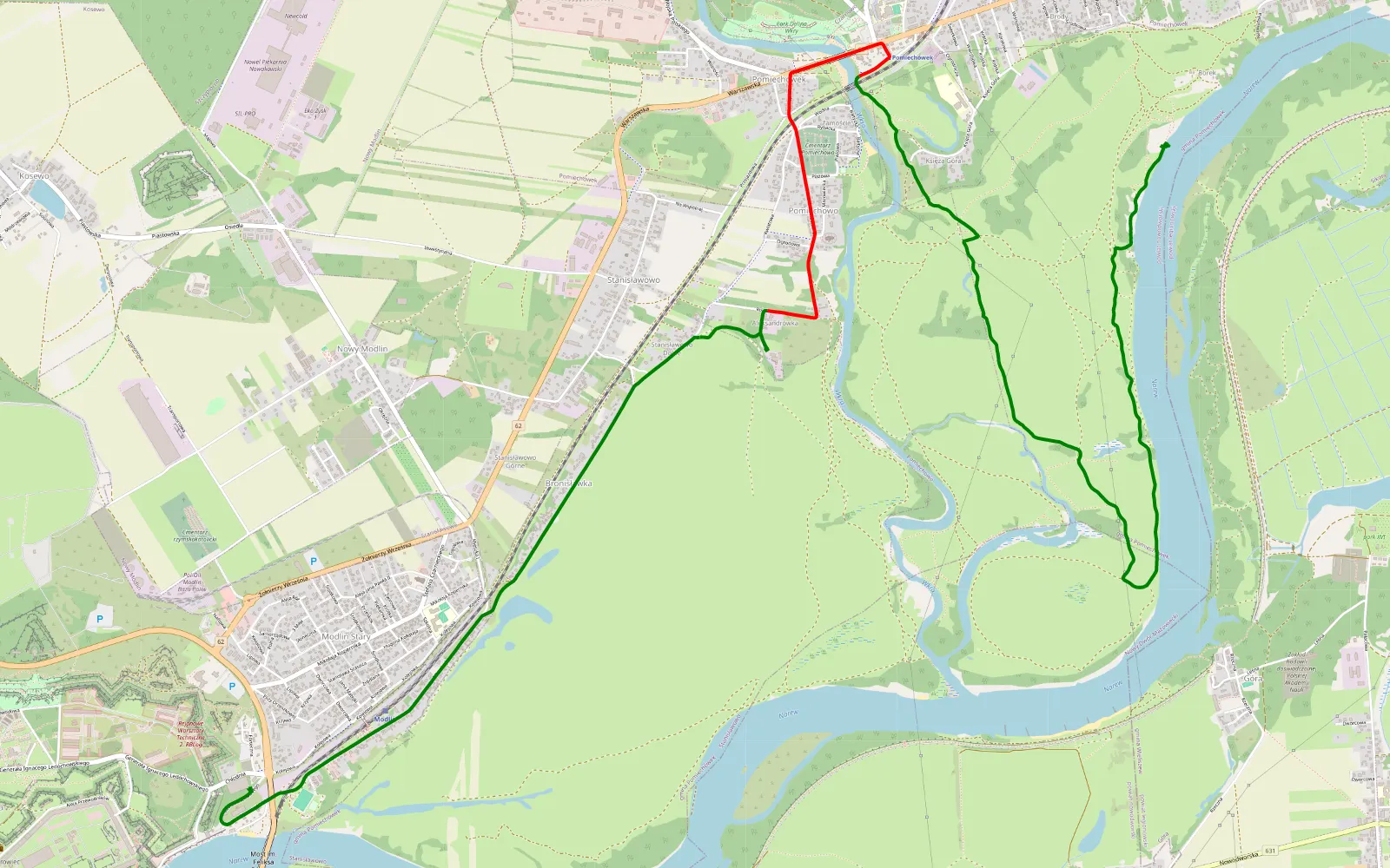 Mapa trasy Modlin - Księża Góra - 8.6 km trasy offroad, Powiat Nowodworski