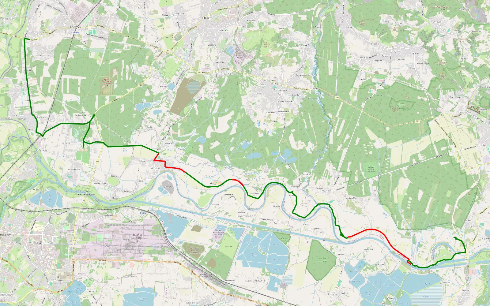 Mapa trasy Chełm Mały - Grzebiace - 17 km trasy offroad, Powiat Chrzanowski