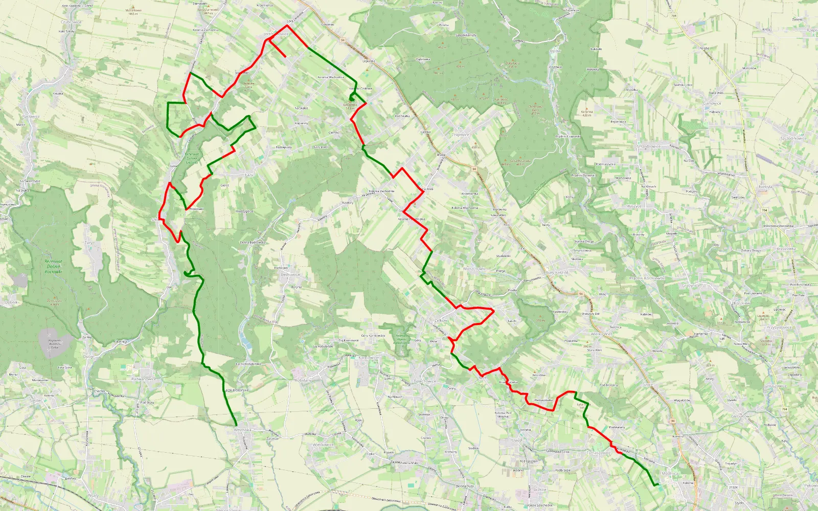 Mapa trasy Modlnica - Źródło Pióro - Brzezinka - 36.8 km trasy offroad, Powiat Krakowski