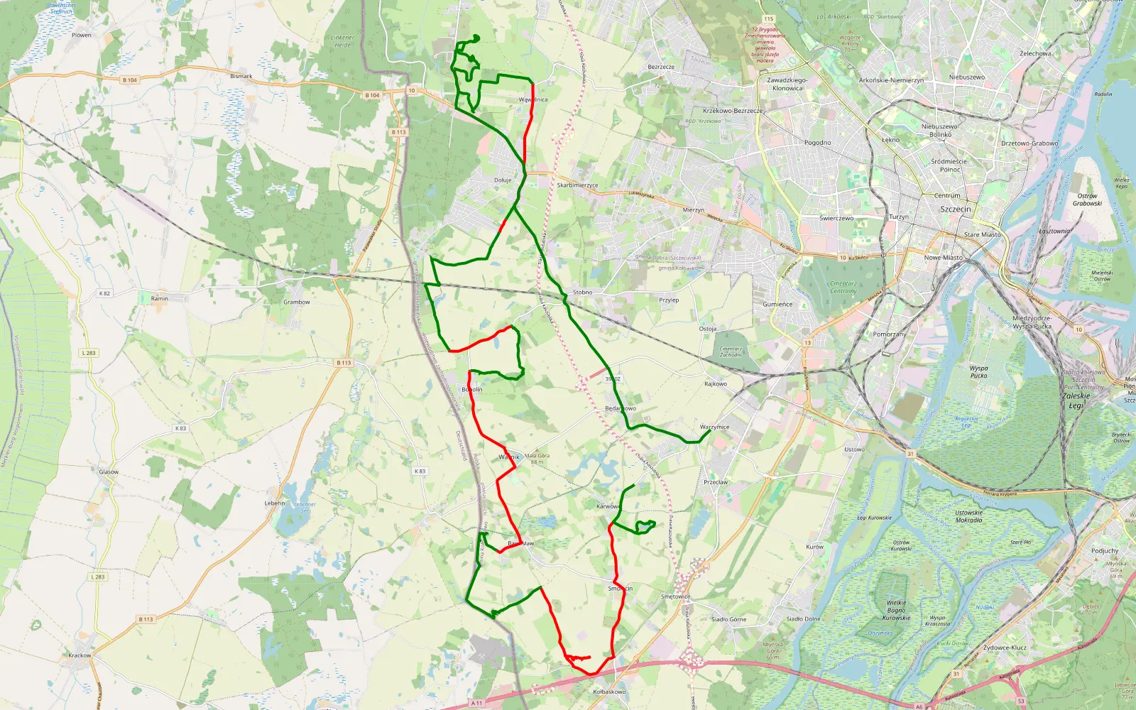 Map of Warzymice - 38.5 km offroad trail, Police County