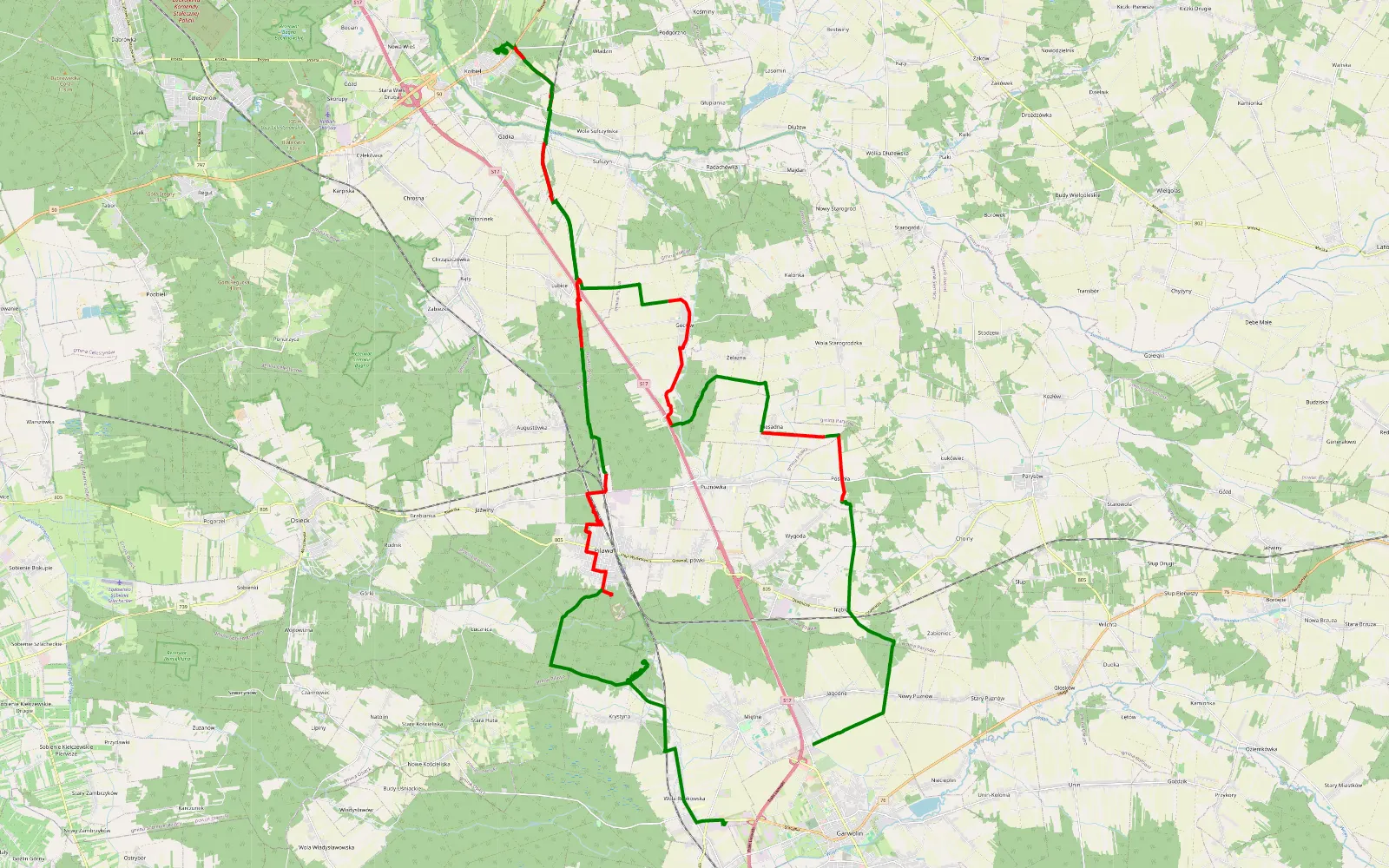 Mapa trasy Jagodne - Kołbiel-Krystyna-Wola Rębkowska - 54.6 km trasy offroad, Powiat Garwoliński