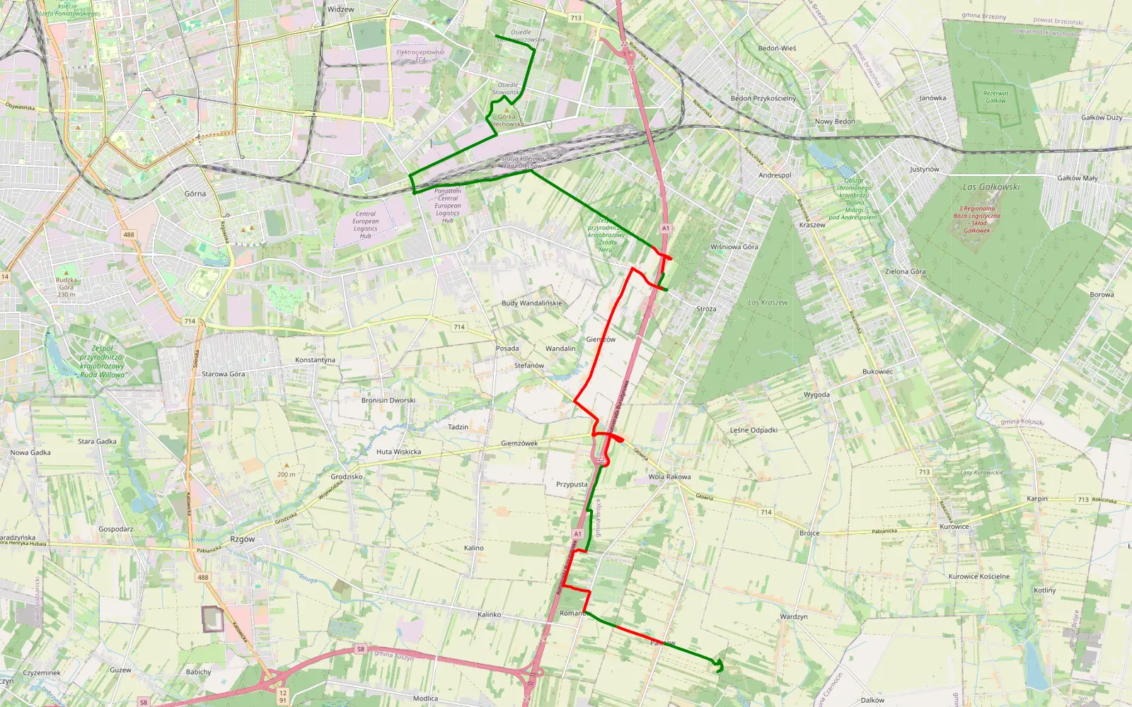 Mapa trasy Olechów - Pałczew - 16.4 km trasy offroad, Powiat Łódzki Wschodni