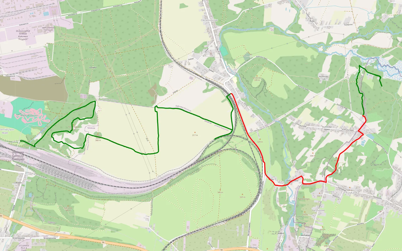 Mapa trasy Strzemieszyce Małe - Kuźniczka - 13.1 km trasy offroad, Dąbrowa Górnicza