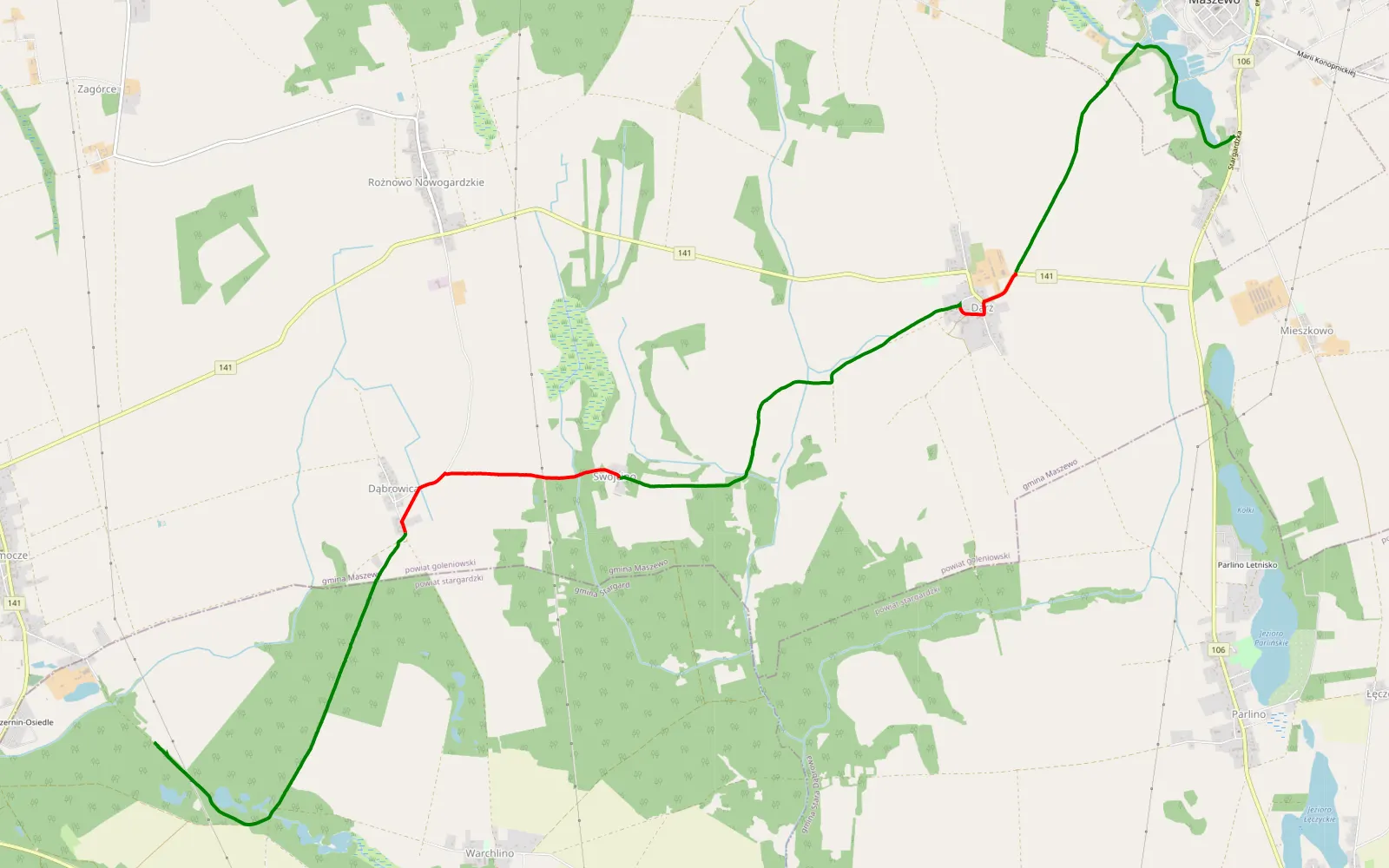 Mapa trasy Przemocze - Maszewo - 12.2 km trasy offroad, Powiat Goleniowski