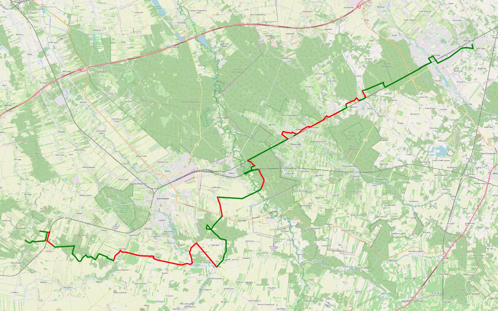 Map of Chillowa trasa wzdłuż torów - 52.6 km offroad trail, Skierniewice County