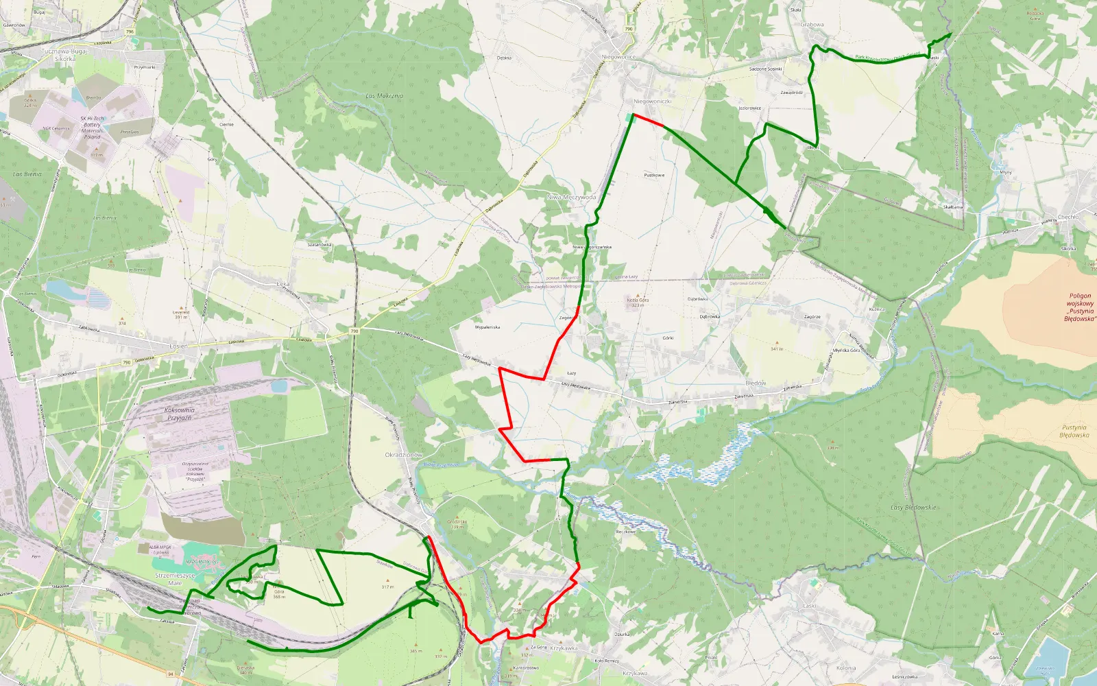 Mapa trasy Strzemieszyce Małe - Grabowa - 32.9 km trasy offroad, Powiat Będziński
