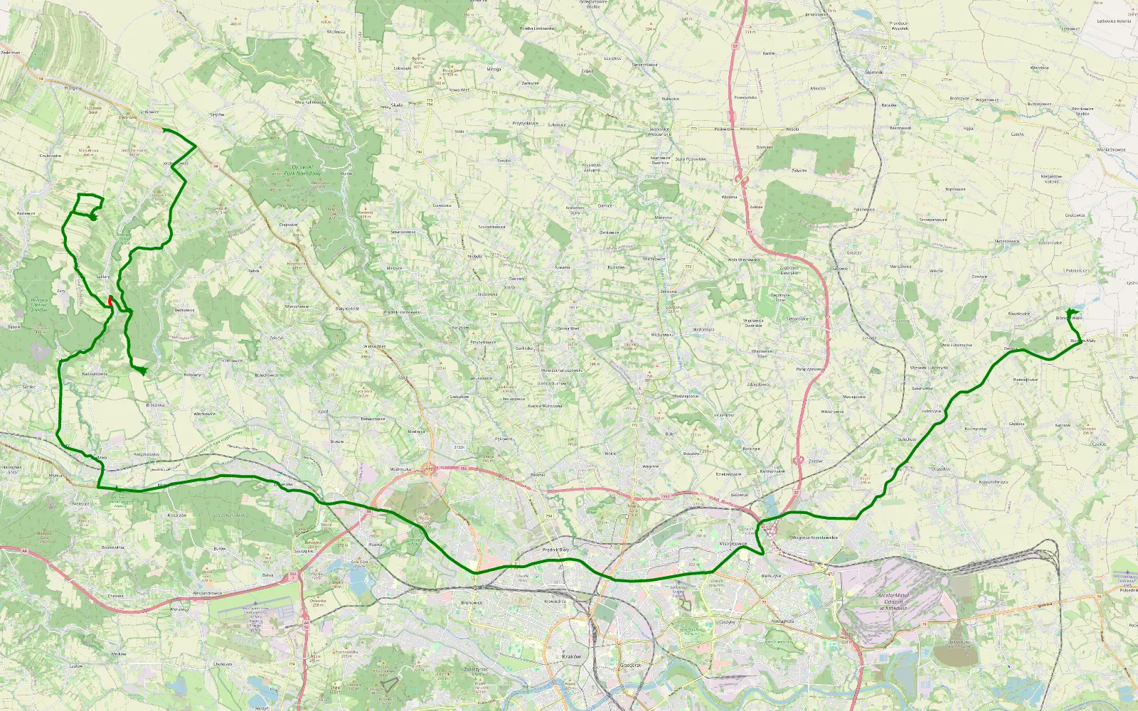 Mapa trasy Gotkowice - Biórków Wielki - 20.2 km trasy offroad, Powiat Krakowski