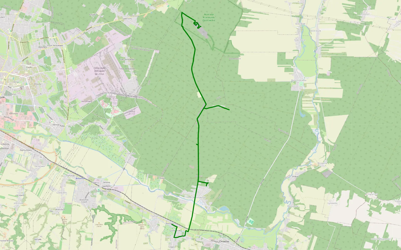 Map of Piaski Brzóstowskie - Grójec - 17.4 km offroad trail, Ostrowiec County