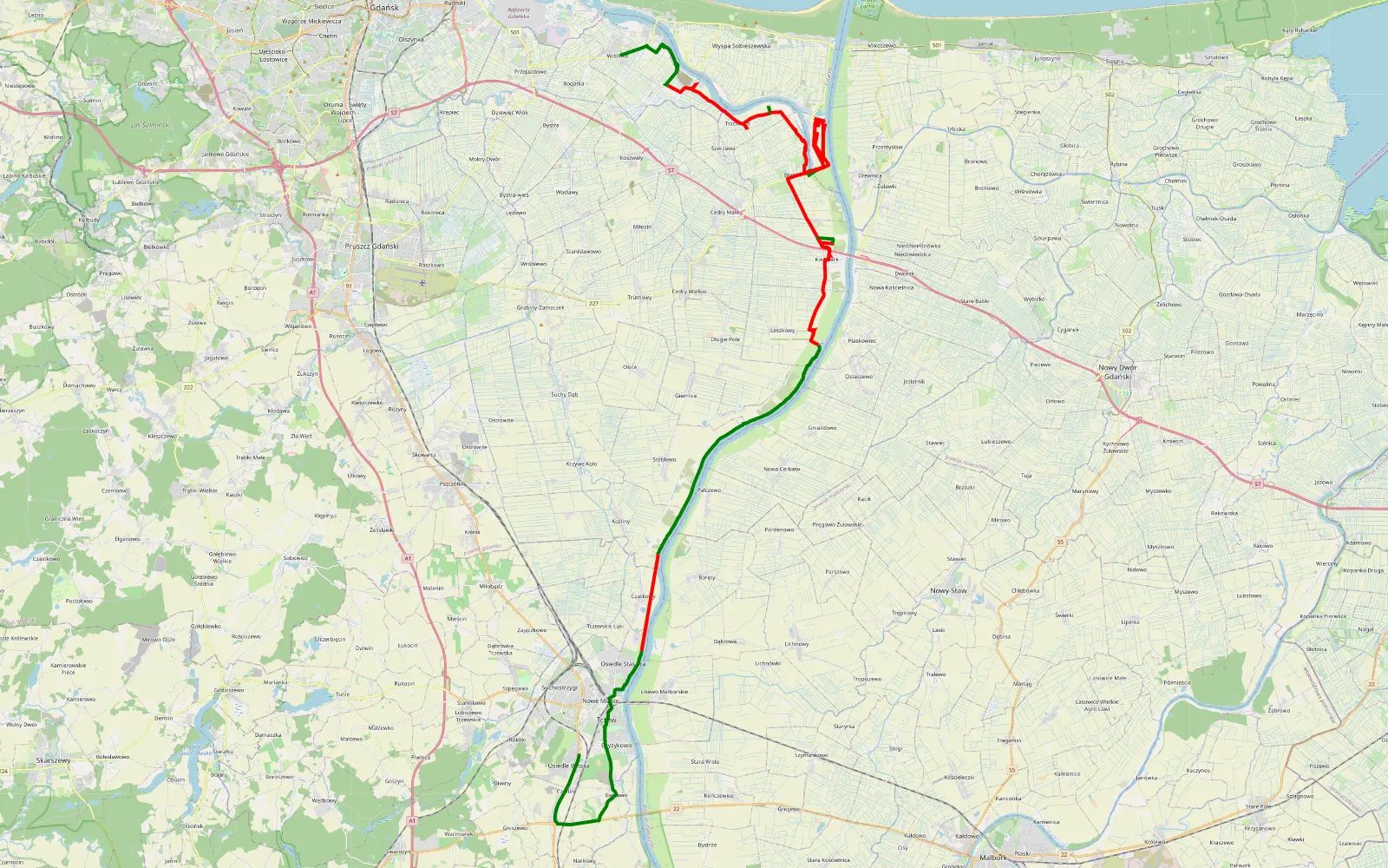 Mapa trasy Wiślinka - Tczew - 55.2 km trasy offroad, Powiat Gdański