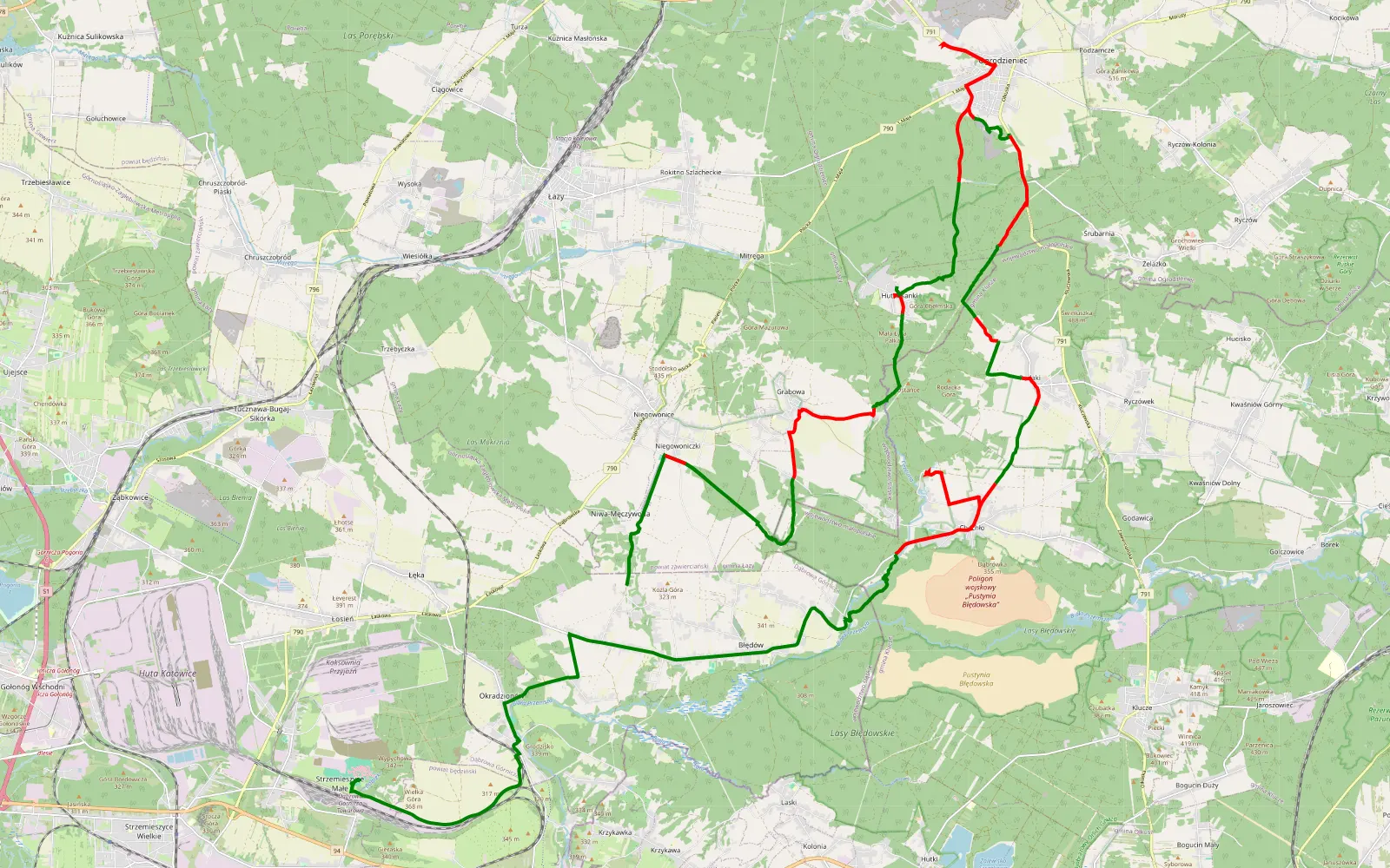 Map of Niegowoniczki - Strzemieszyce Małe - 46.4 km offroad trail, Zawiercie County