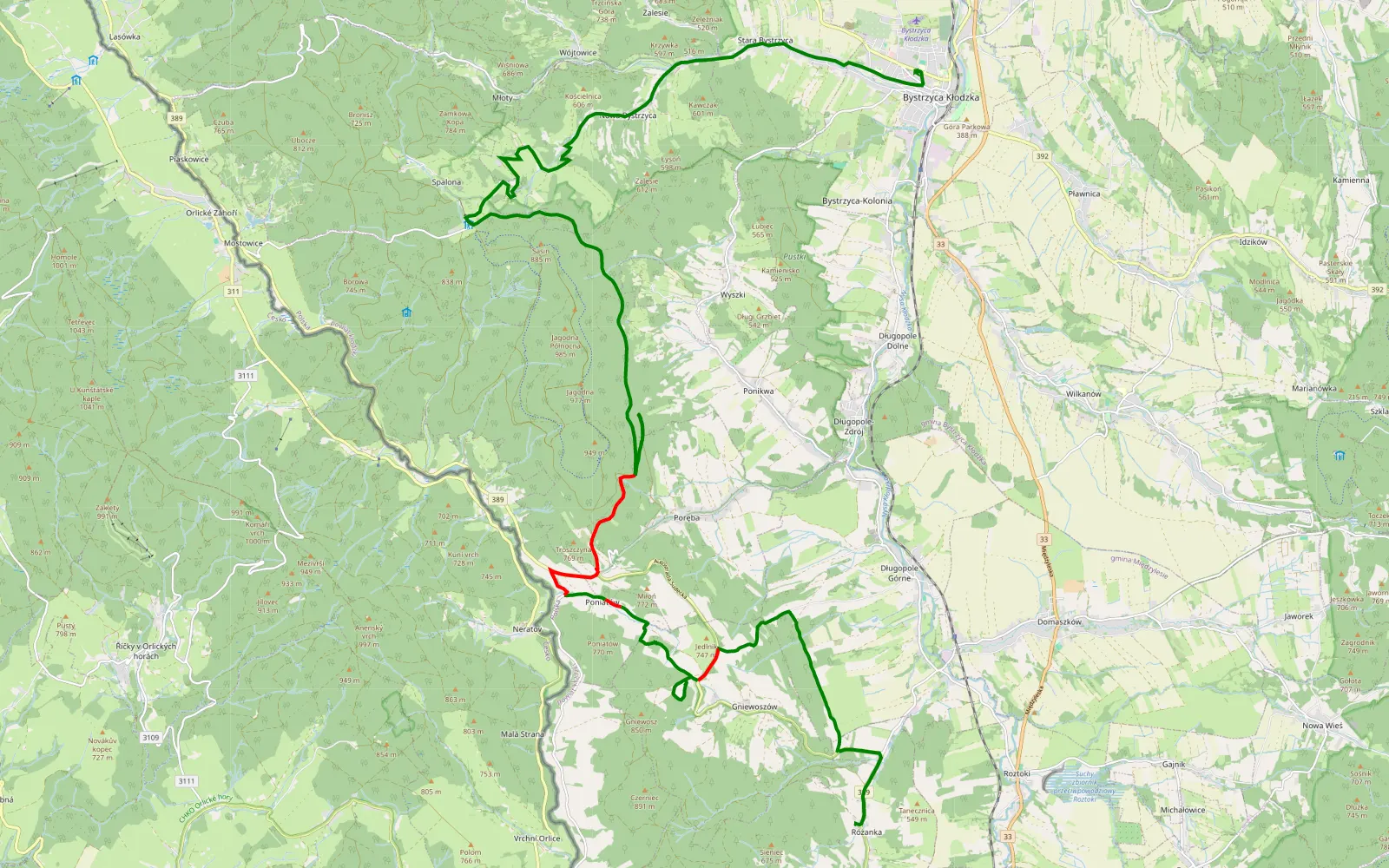 Mapa trasy Refleksji. TO Bystryca - 15.3 km trasy offroad, Powiat Kłodzki