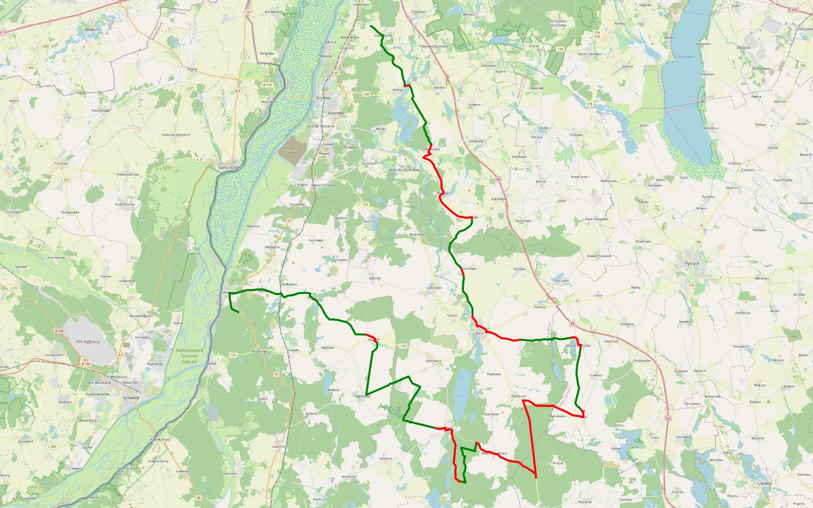 Map of Widuchowa - Stare Brynki - 86.9 km offroad trail, Gryfino County