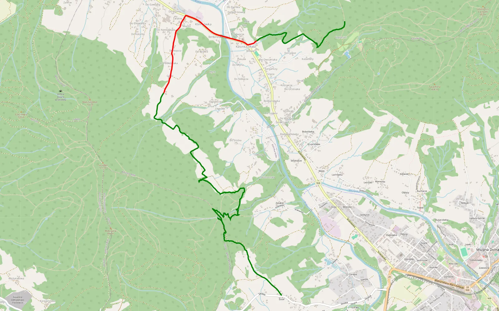 Map of Kasinka - Glisne - 9.6 km offroad trail, Limanowa County