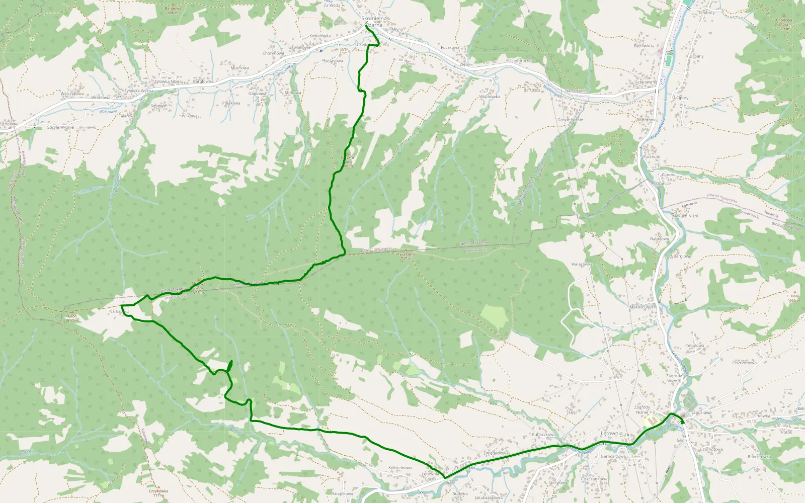Mapa trasy Łętownia - Skomielna Czarna - 7.6 km trasy offroad, Powiat Myślenicki