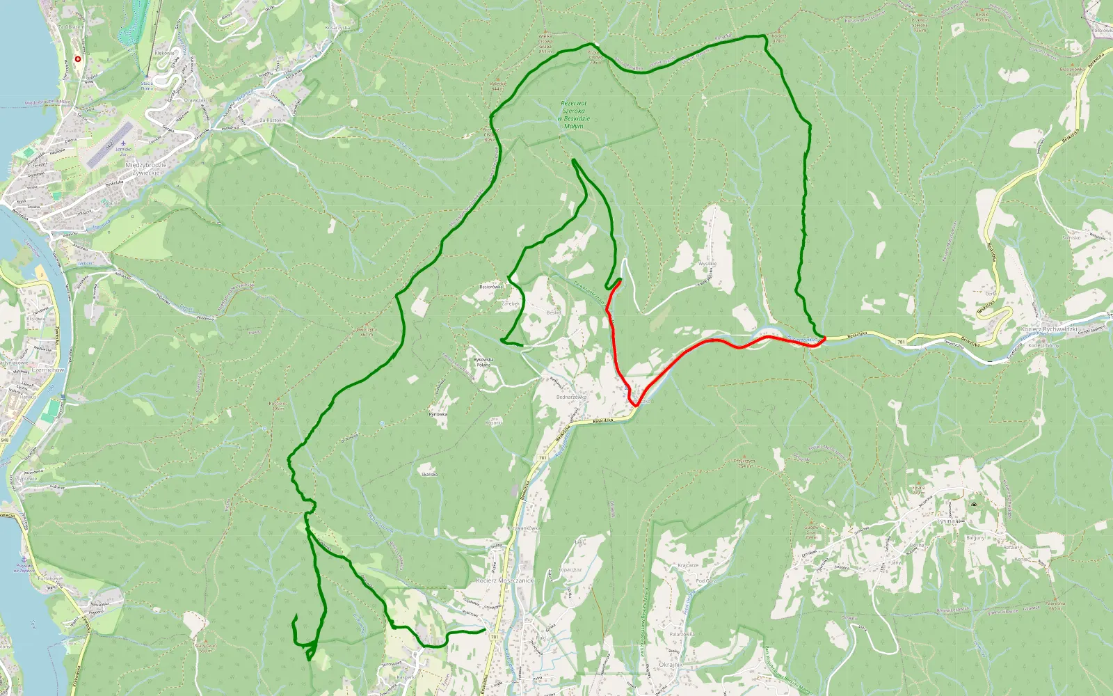 Map of Bykowska - - Przełęcz Przysłop Cisowy - Okrajnik - 18.4 km offroad trail, Żywiec County