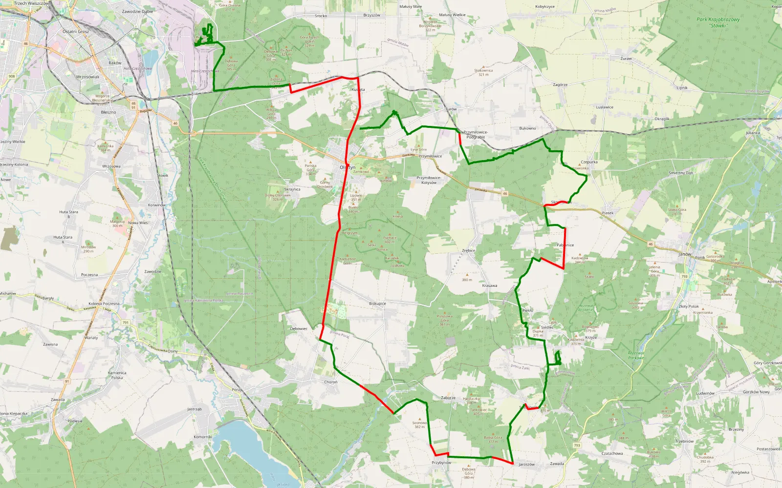 Map of Olsztyn - Kucelin - 61.4 km offroad trail, Częstochowa County
