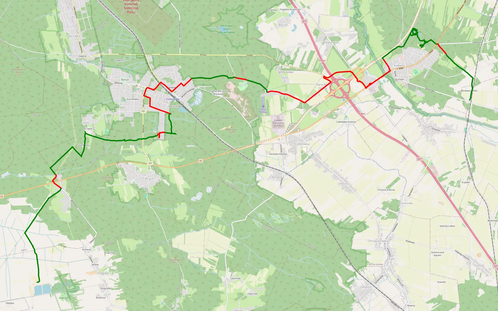 Mapa trasy Podbiel - Gadka - 24.8 km trasy offroad, Powiat Otwocki