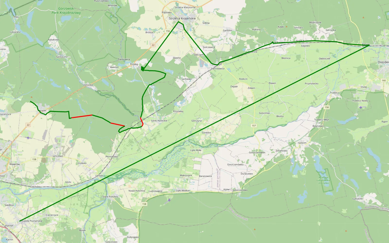 Map of Różanki - Siedlice - 16.5 km offroad trail, Strzelce-Drezdenko County