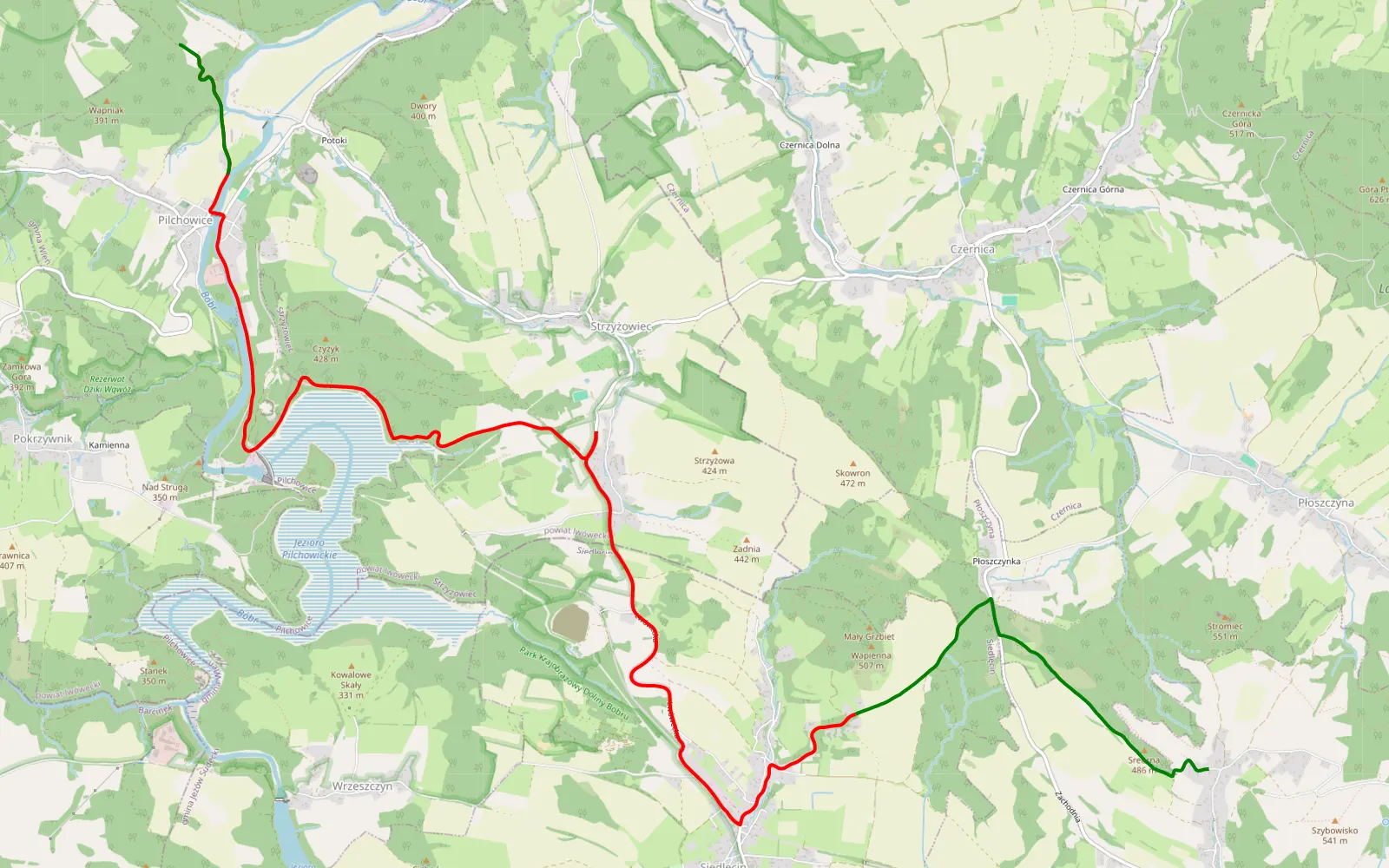 Mapa trasy Jeżów Sudecki - Pilchowice - 14.7 km trasy offroad, Powiat Lwówecki