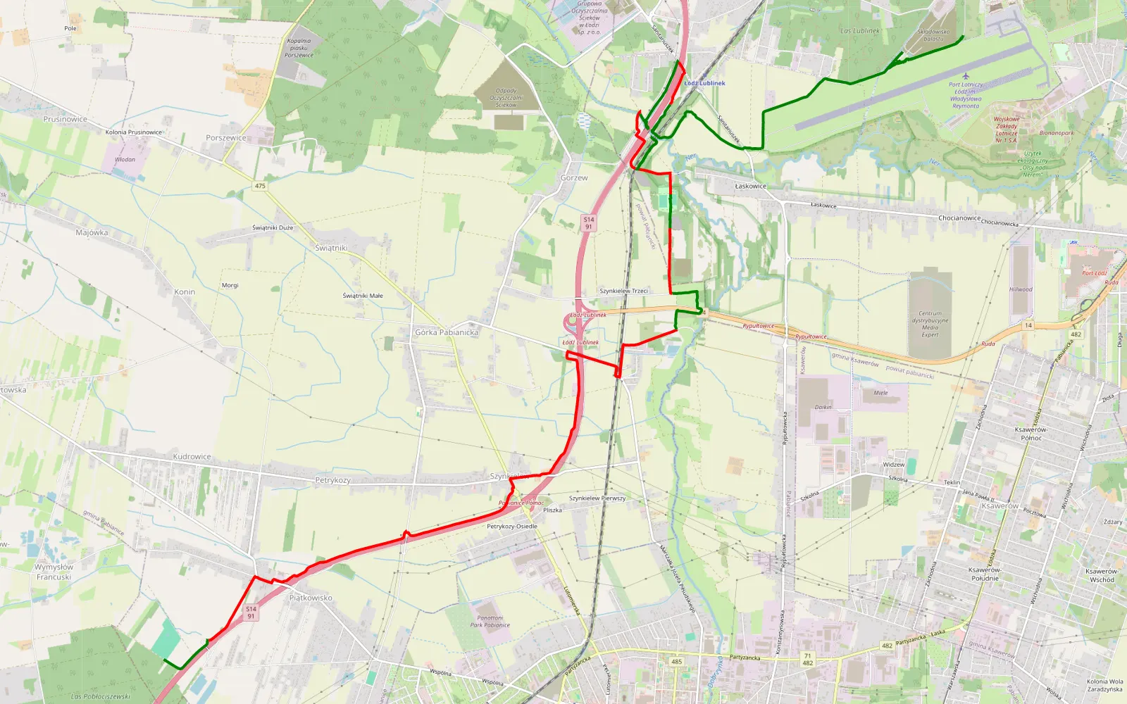 Mapa trasy Wymysłów Francuski - Lublinek - 15.2 km trasy offroad, Powiat Pabianicki